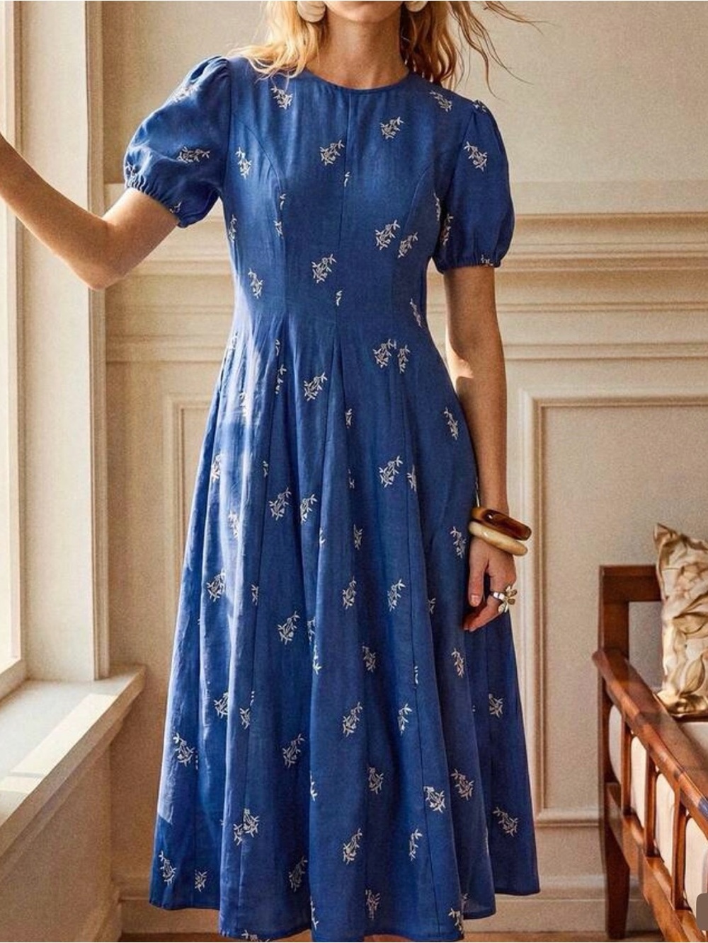 Blue Flower Puff Sleeve Dress